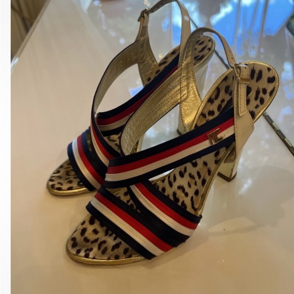 Roberto Cavalli Leopard Print Heels with Gold and Red Stripes